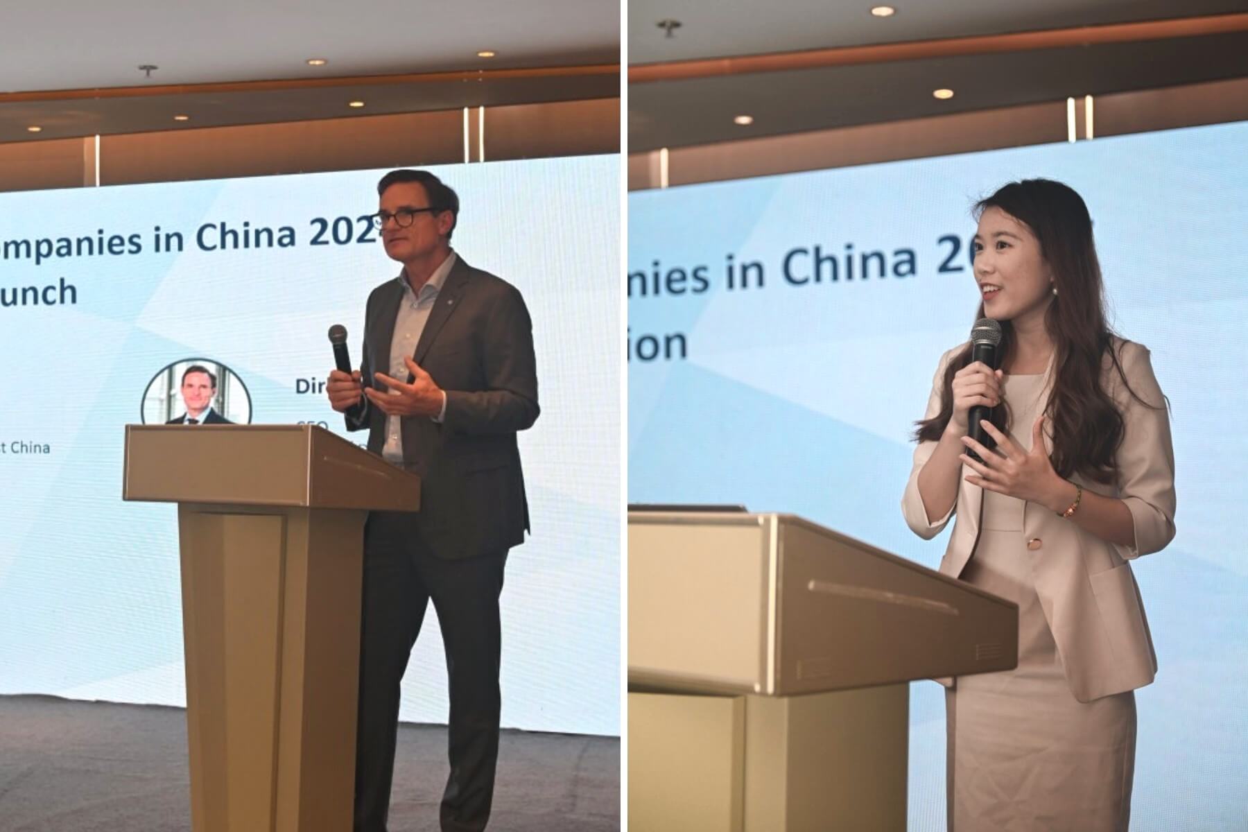 圖左：TüV南德北亞區(qū)首席執(zhí)行官Dirk von Wahl先生現(xiàn)場致辭 圖右：TüV南德可持續(xù)發(fā)展部門ESG專家薛姿韻女士現(xiàn)場解讀《在華德企ESG實(shí)踐報告 2023 》白皮書